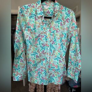 J. Crew Women's Mint Green Floral Lightweight Cotton Shirt M Button Long Sleeve